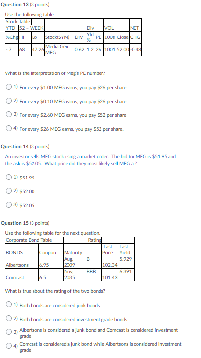 Question 13 (3 points) Use the following table Stock Table YTD