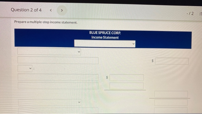 following selected accounts from the Blue Spruce Corp's accounting records are presented