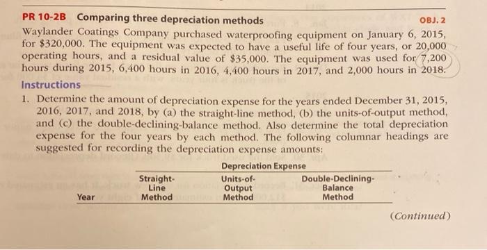  OBJ. 2 PR 10-2B Comparing three depreciation methods Waylander Coatings Company