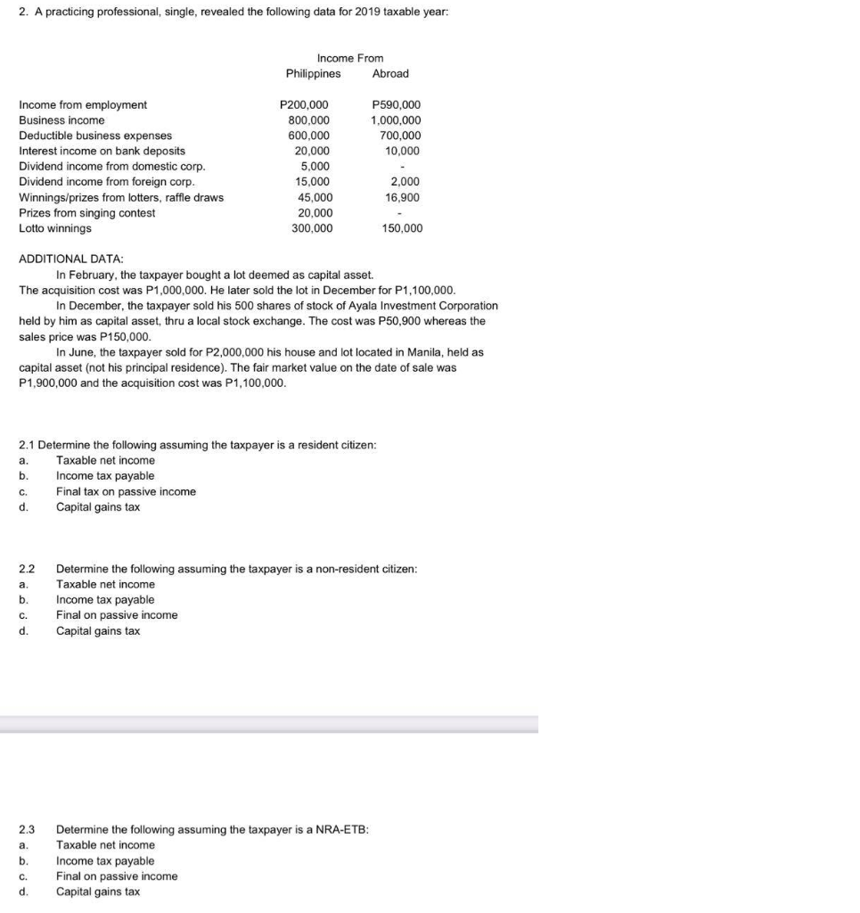  2. A practicing professional, single, revealed the following data for 2019