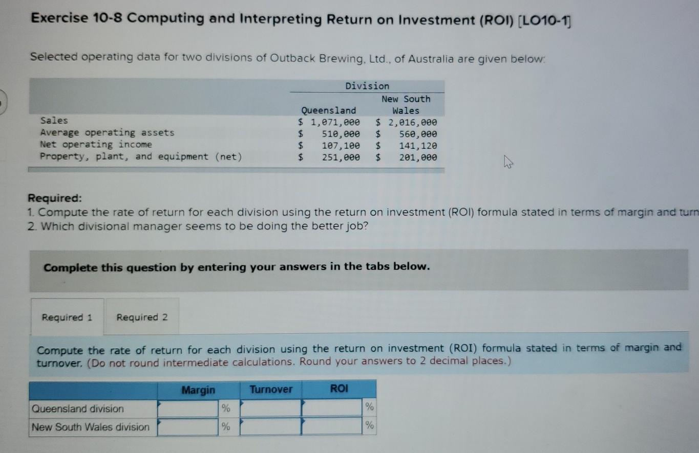 Exercise 10-8 Computing and Interpreting Return on Investment (ROI) (LO10-1) Selected