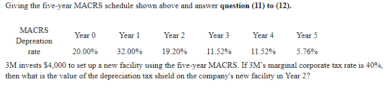 Giving the five-year MACRS schedule shown above and answer question (11)