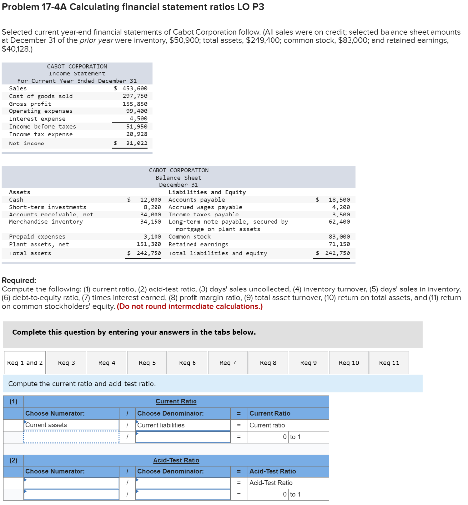 Problem 17-4A Calculating financial statement ratios LO P3 Selected current year-end