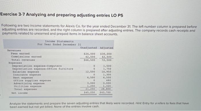 Help! Exercise 3-7 Analyzing and preparing adjusting entries LO P5 Following are