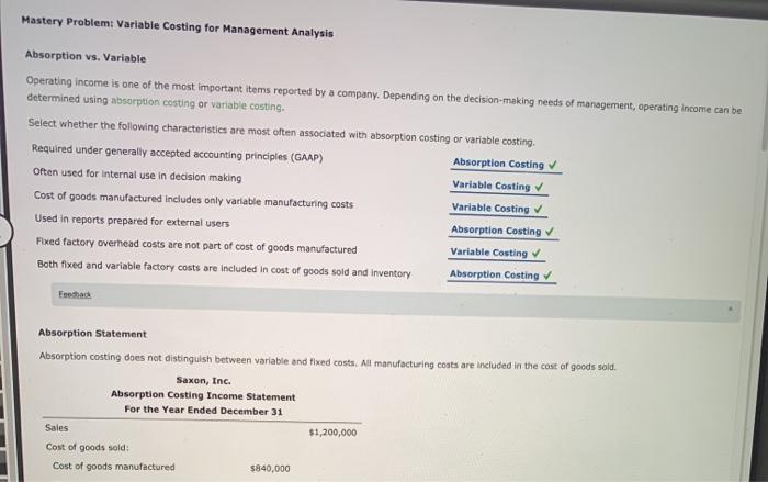  Mastery Problem: Variable Costing for Management Analysis Absorption vs. Variable Operating