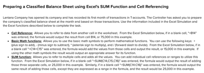  Preparing a Classified Balance Sheet using Excel's SUM Function and Cell