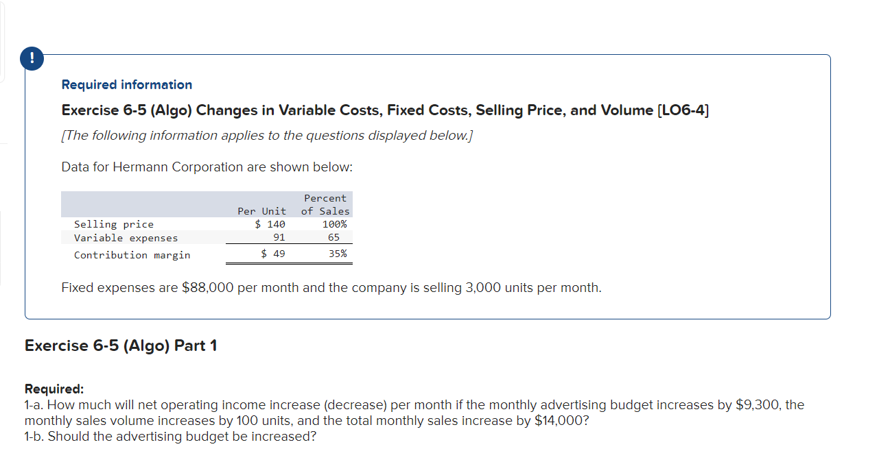  ! Required information Exercise 6-5 (Algo) Changes in Variable Costs, Fixed
