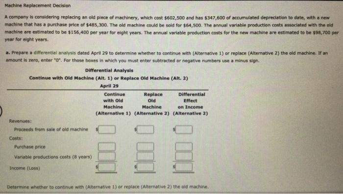  Machine Replacement Decision A company is considering replacing an old piece