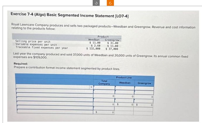  Exercise 7.4 (Algo) Basic Segmented Income Statement [LO7-4] Royal Lawncare Company