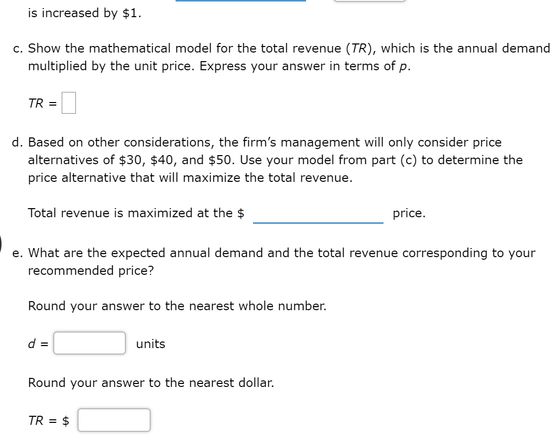 annual demand for a product in units p = price per unit