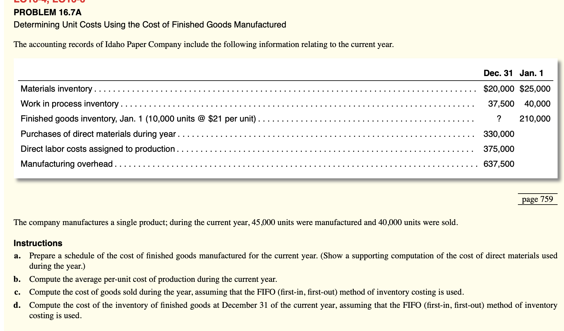 PROBLEM 16.7A Determining Unit Costs Using the Cost of Finished Goods