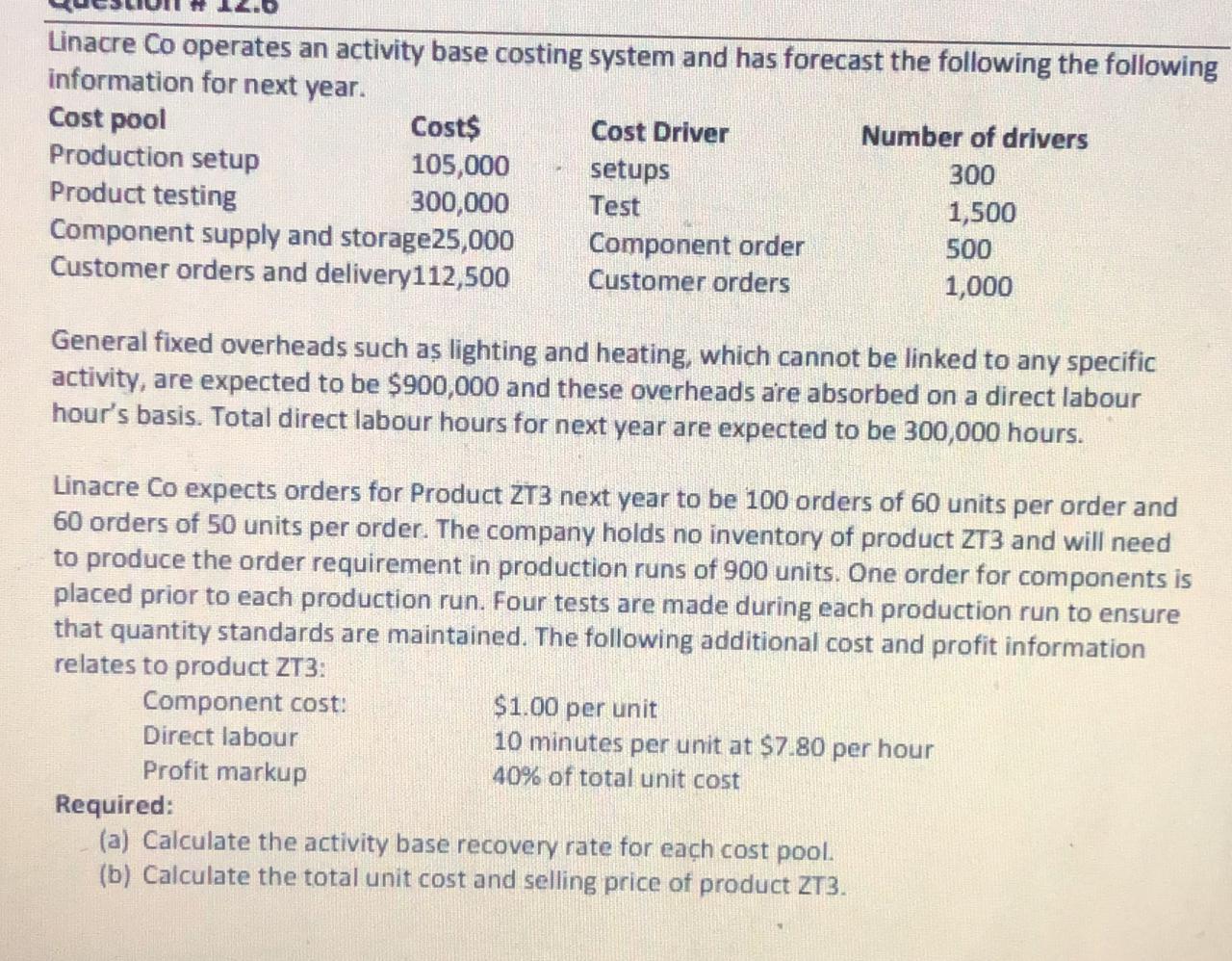 Linacre Co operates an activity base costing system and has forecast