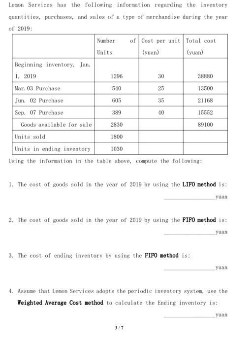  Lemon Services has the following information regarding the inventory quantities, purchases,