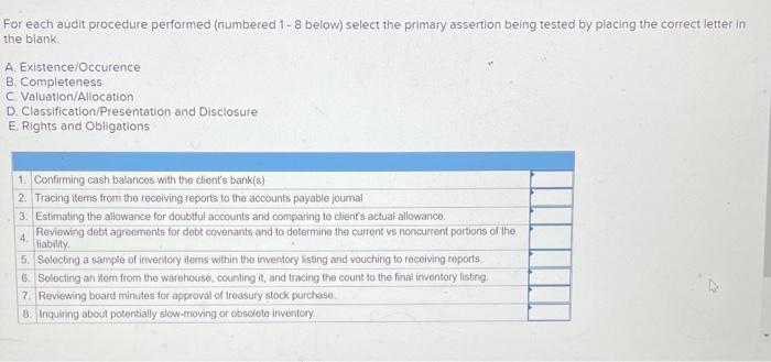  For each audit procedure performed (numbered 1 - 8 below) select