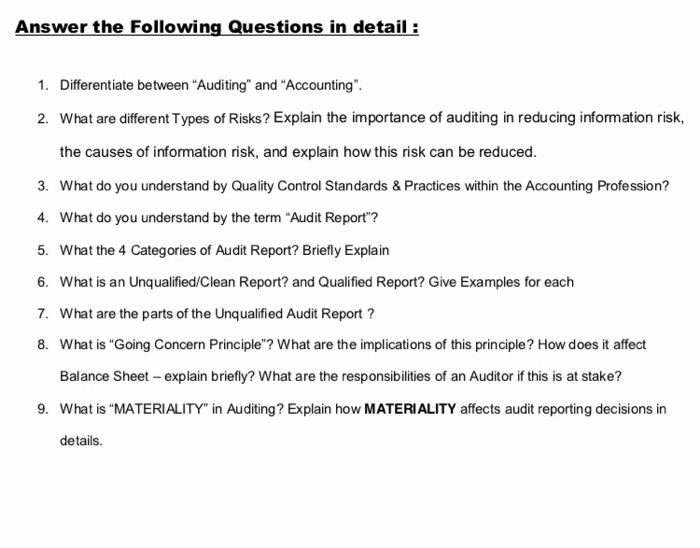  Answer the Following Questions in detail : 1. Differentiate between Auditing"