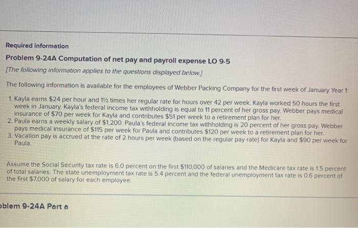  Required information Problem 9-24A Computation of net pay and payroll expense
