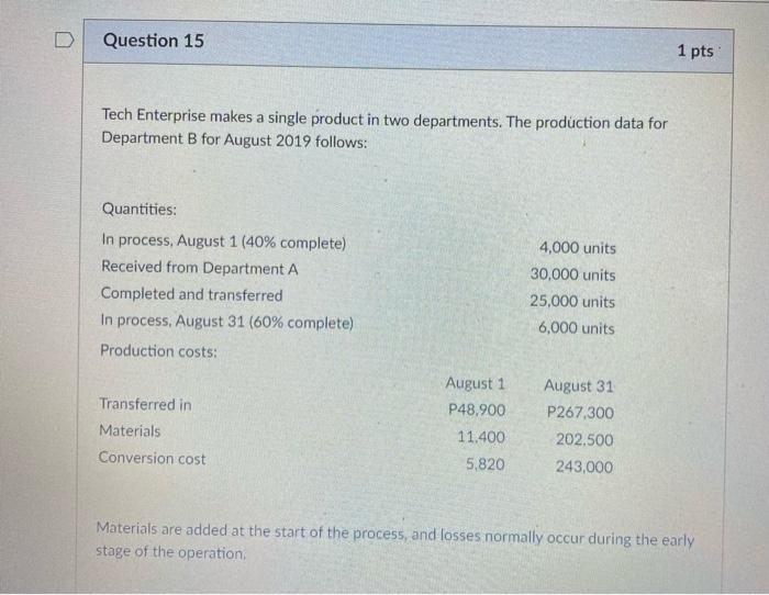  Question 15 1 pts Tech Enterprise makes a single product in