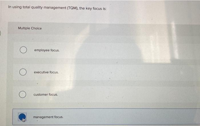  In using total quality management (TQM), the key focus is: Multiple
