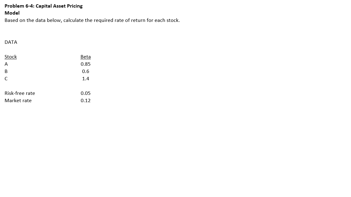  Problem 6-4: Capital Asset Pricing Model Based on the data below,