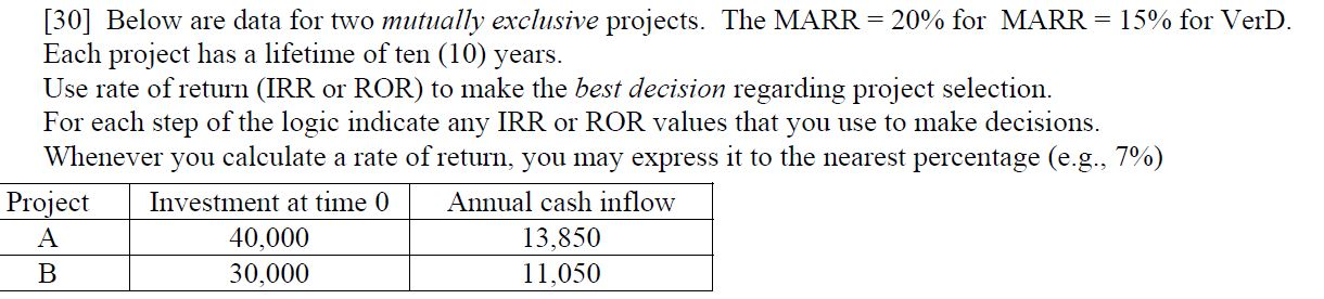  [30] Below are data for two mutually exclusive projects. The MARR