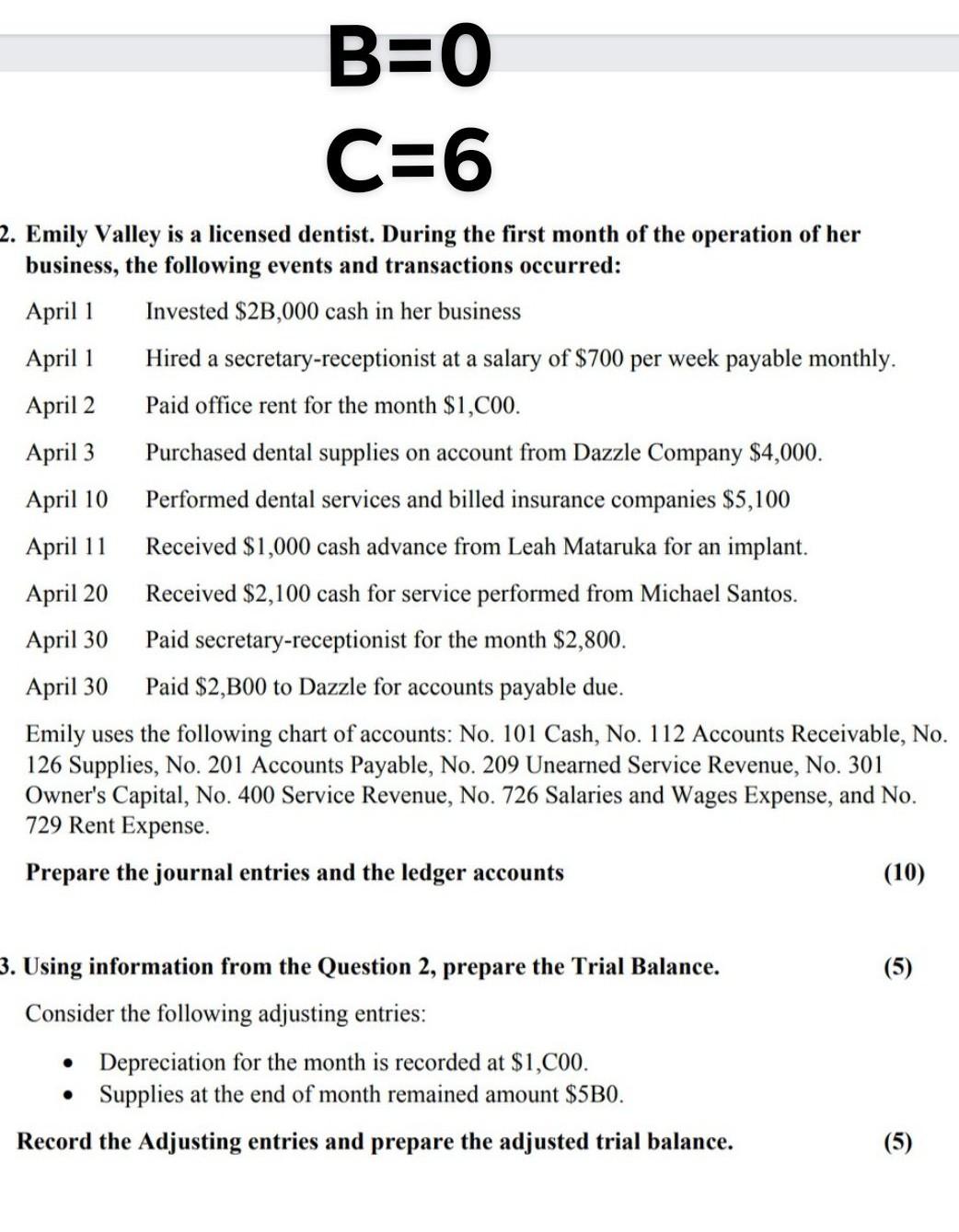please solve this B=0 C=6 2. Emily Valley is a licensed dentist.