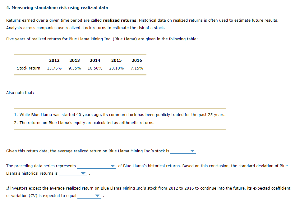 'DROP DOWN: Given this return data, the average realized return on Blue