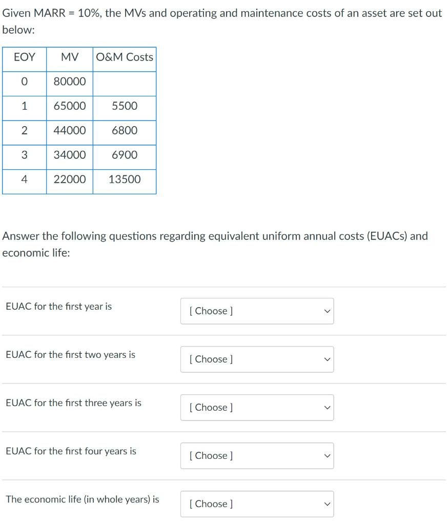 Given MARR = 10%, the MVs and operating and maintenance costs