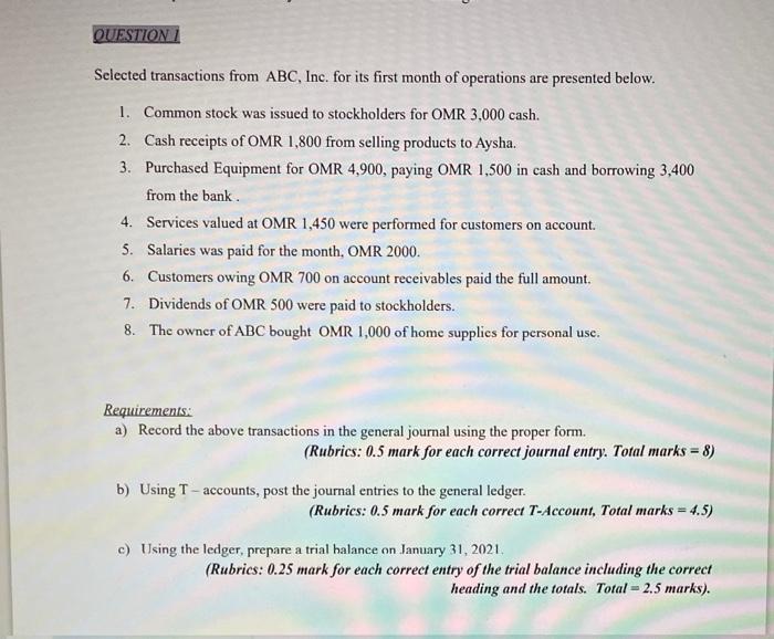  i need it quickly please): QUESTION 1 Selected transactions from ABC,
