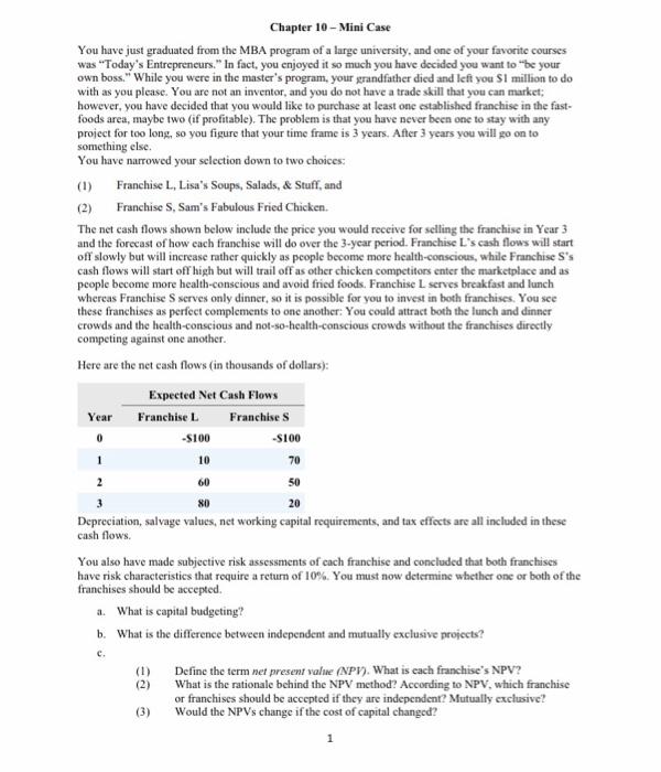  Chapter 10 - Mini Case You have just graduated from the