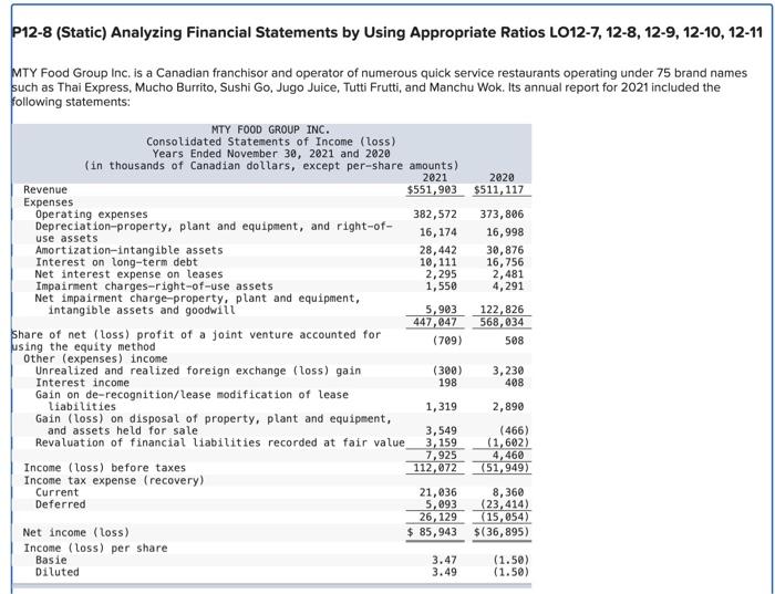  Analyzing Financial Statements by Using Appropriate Ratios P12-8 (Static) Analyzing Financial