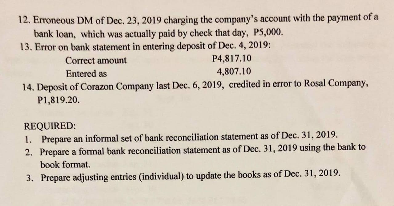 statement for ROSAL COMPANY as of Dec. 31, 2019. Use the bank