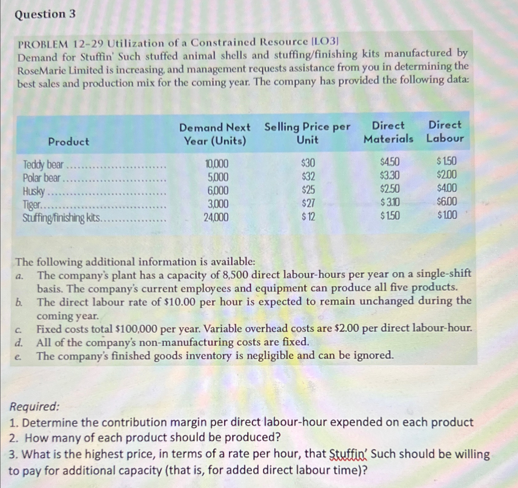  Question 3 PROBLEM 12-29 Utilization of a Constrained Resource [LO3] Demand