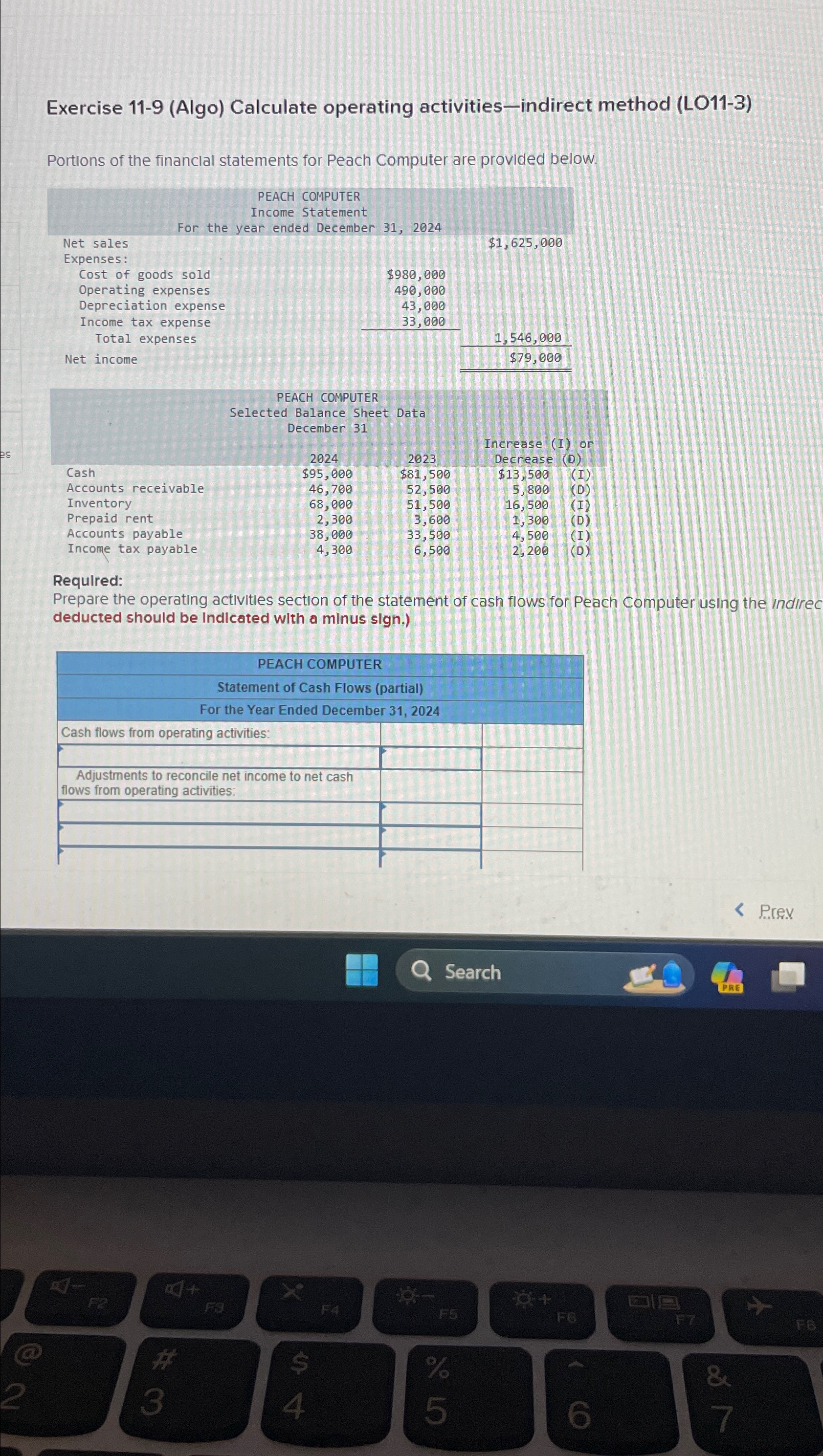  Exercise 11-9(Algo) Calculate operating activities-indirect method (LO11-3) Portions of the financlal