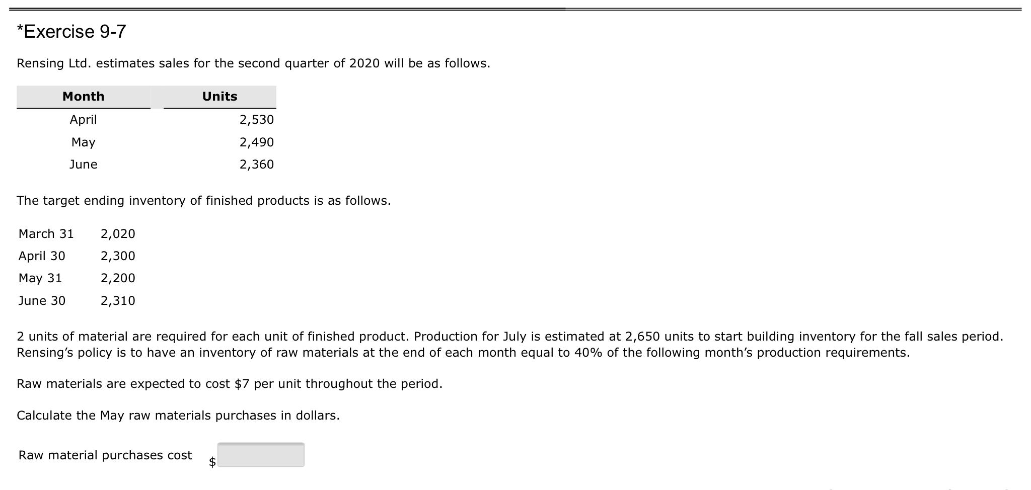  *Exercise 9-7 Rensing Ltd. estimates sales for the second quarter of