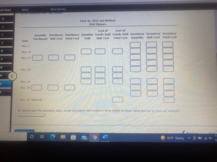 purchases, and sales data for DVD players are as follows: NOV, Inventory