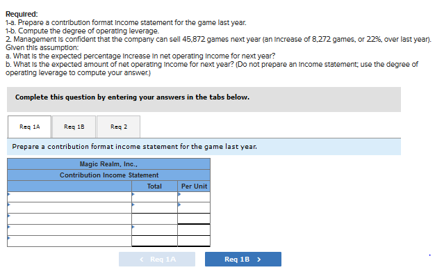  Required: 1-a. Prepare a contribution format Income statement for the game