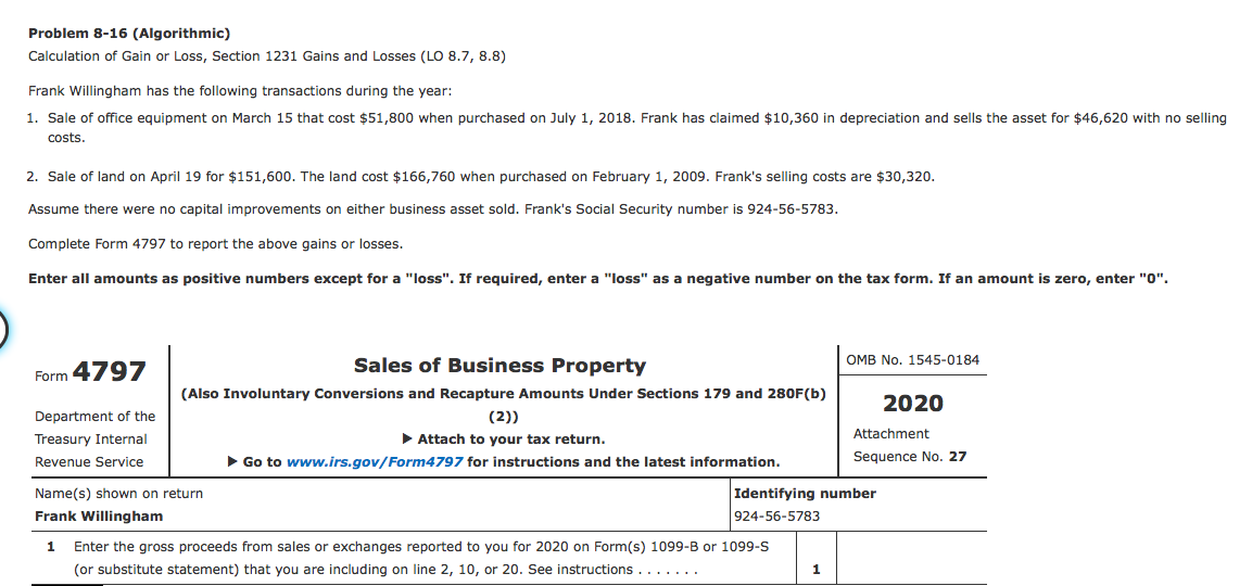  Problem 8-16 (Algorithmic) Calculation of Gain or Loss, Section 1231 Gains