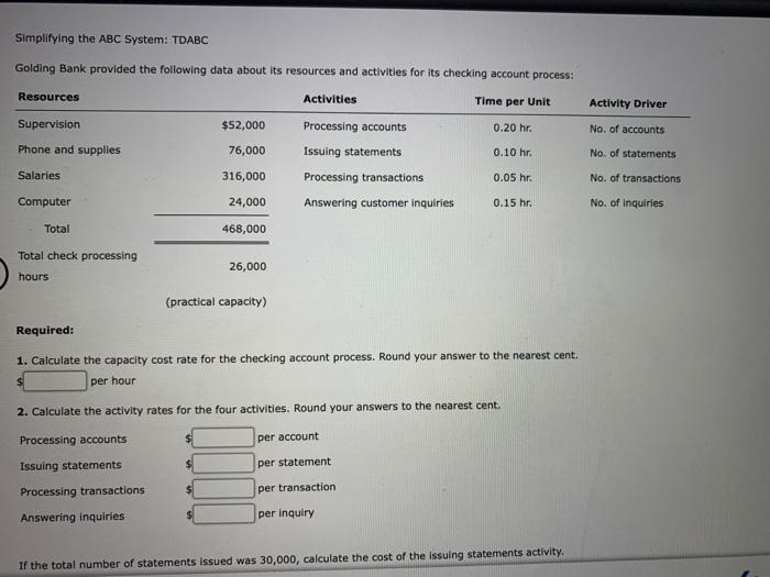  please answer all questions Simplifying the ABC System: TDABC Activity Driver