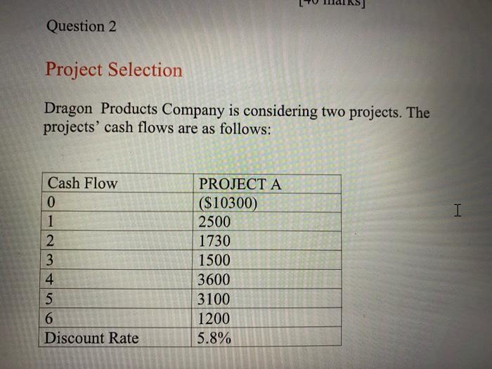  Question 2 Project Selection Dragon Products Company is considering two projects.