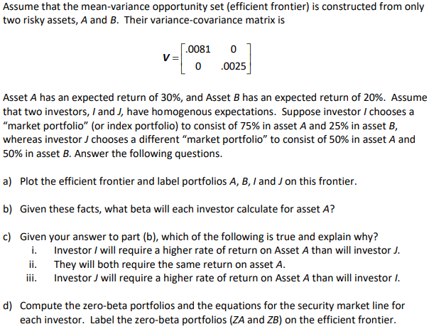 Assume that the mean-variance opportunity set (efficient frontier) is constructed from