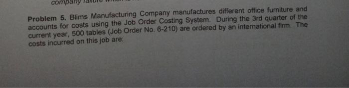 1. For this numeric question, 40 points. company Problem 5. Blims Manufacturing