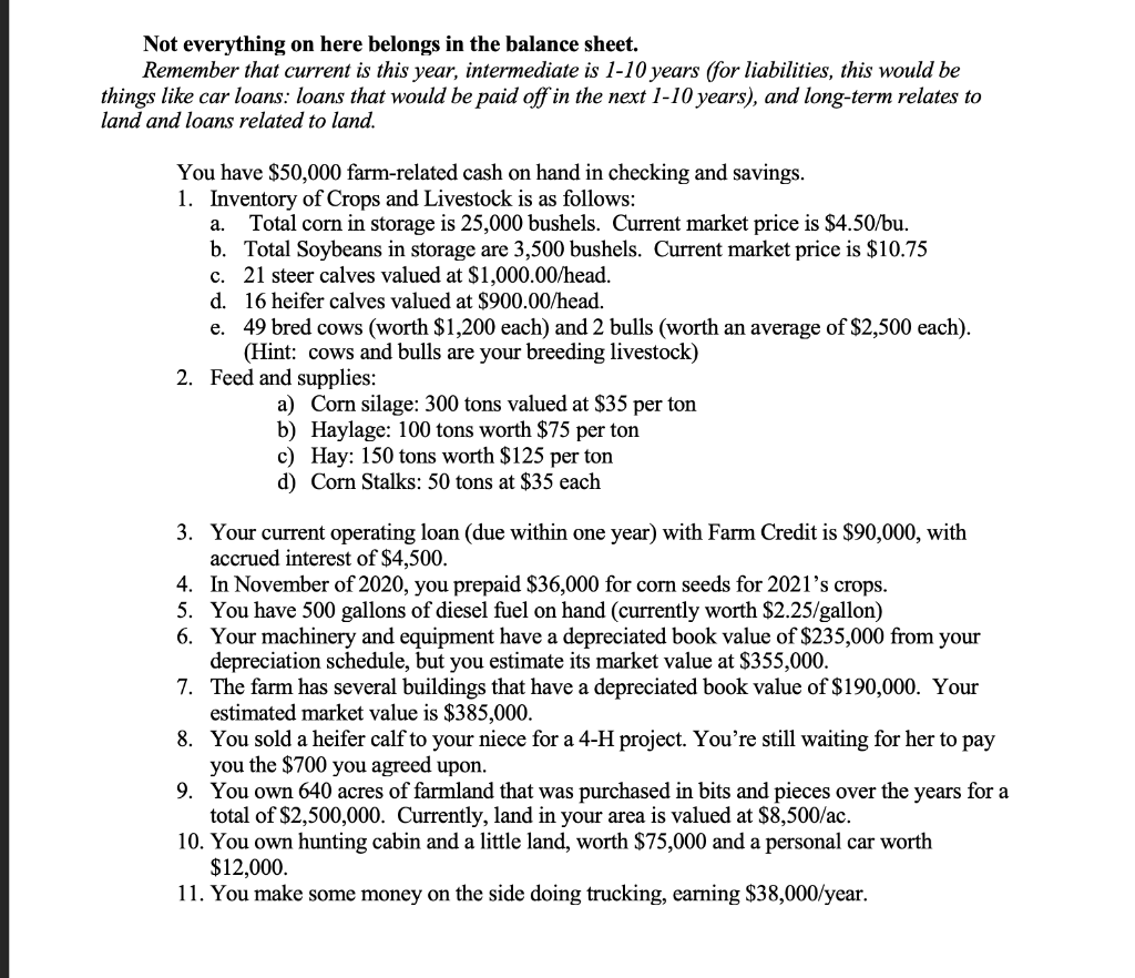 75 Points FARM ASSETS Cost Value Market Value FARM LIABILITIES Market/Cost Value