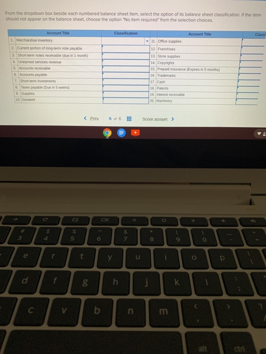  From the dropdown box beside each numbered balance sheet item, select