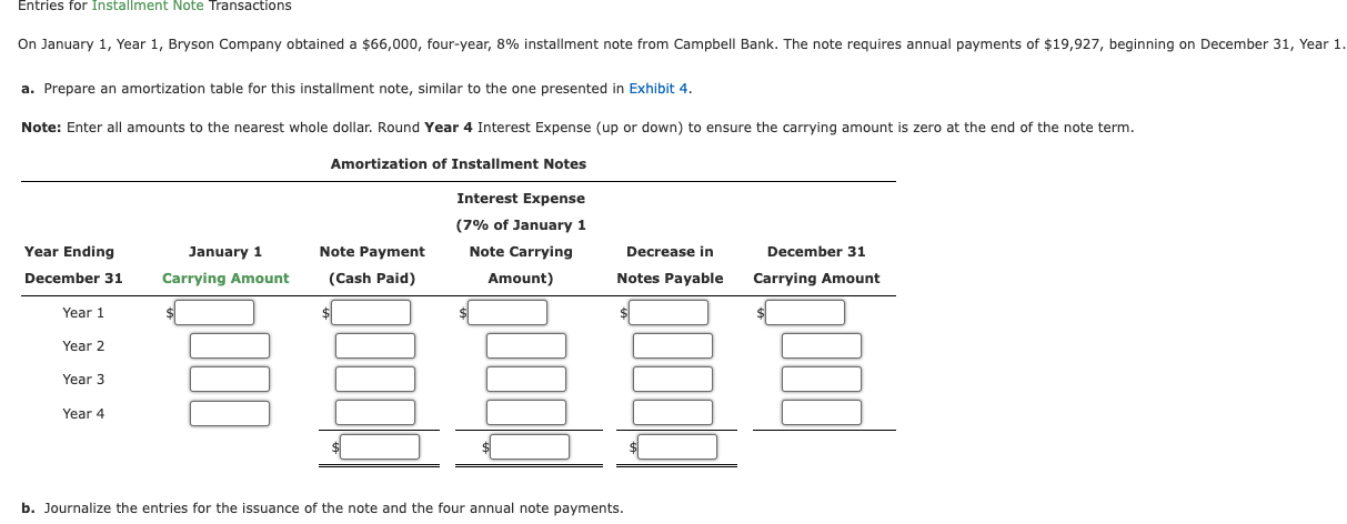  a. Prepare an amortization table for this installment note, similar to
