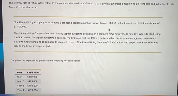  dropdown options are accept or reject project delta The internal rate