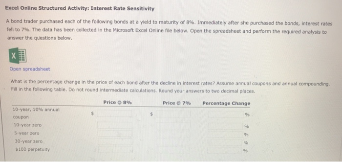  Excel Online Structured Activity: Interest Rate Sensitivity A bond trader purchased