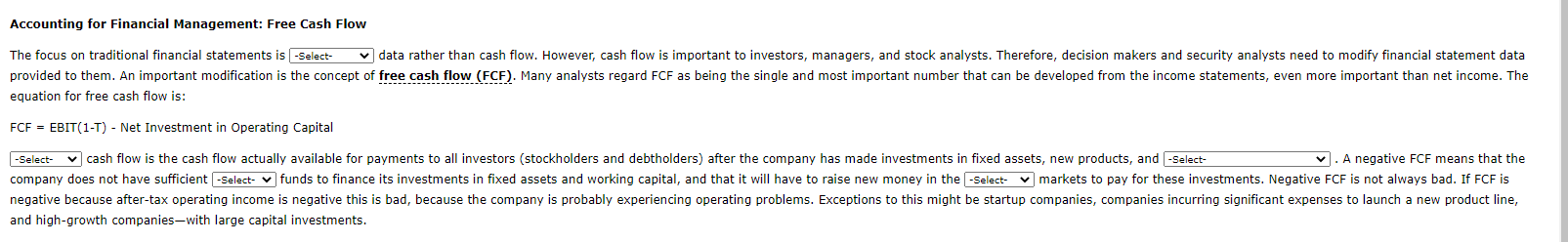Drop Down Boxes: 1. Market, Accounting, Replacement 2. Net, Free, Operating