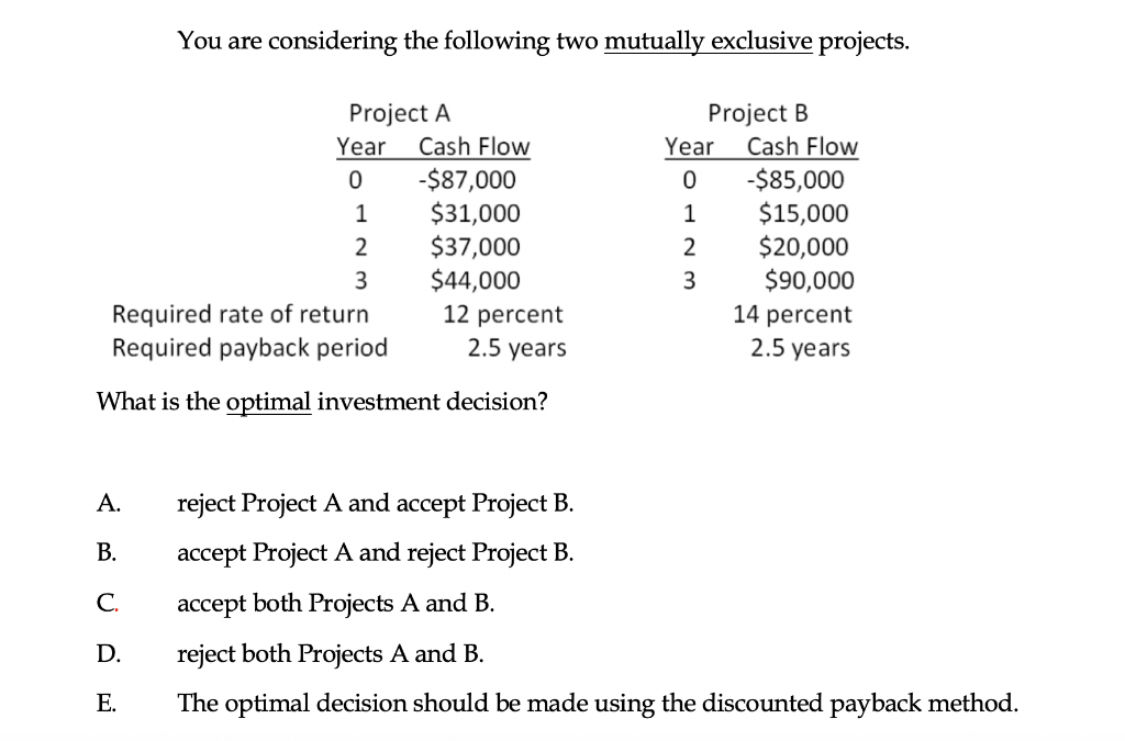 You are considering the following two mutually exclusive projects. You are considering