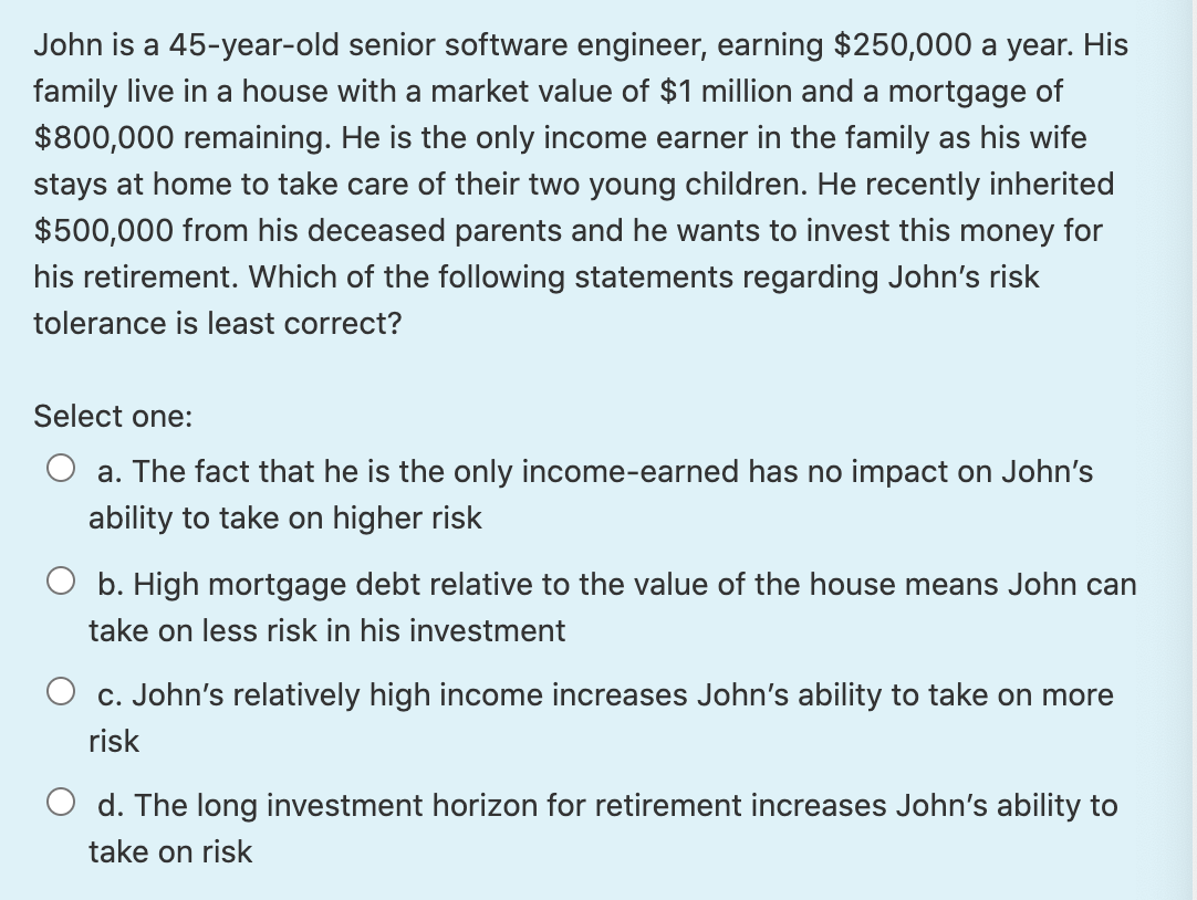 John is a 45-year-old senior software engineer, earning $250,000 a year.