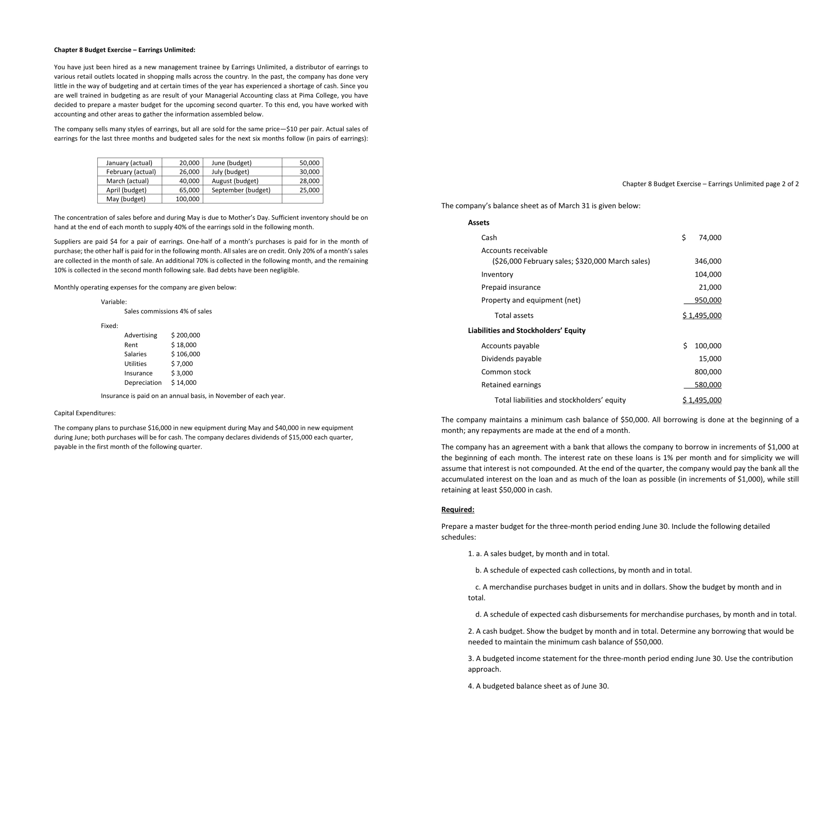 Chapter 8 Budget Exercise Earrings Unlimited: You have just been hired as